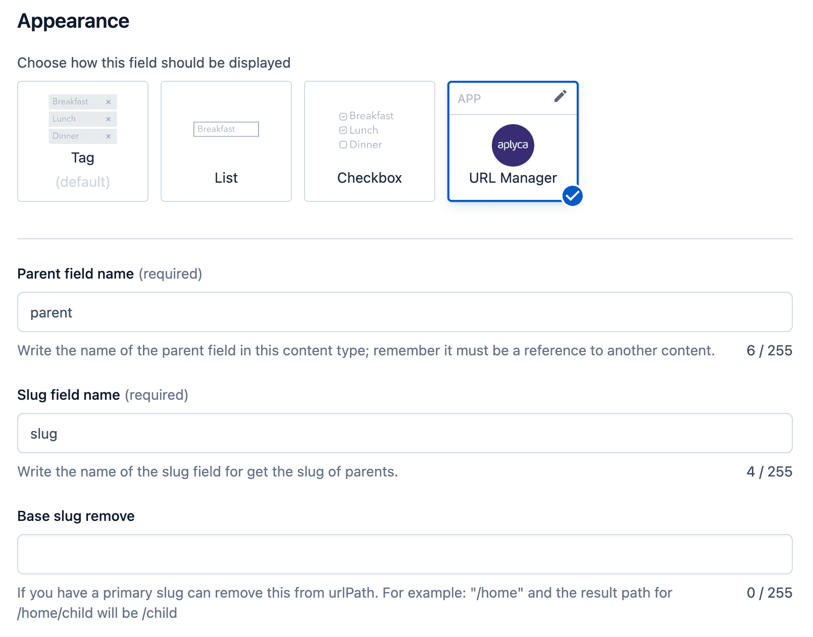 Aplyca URL Manager configuration in Contentful field